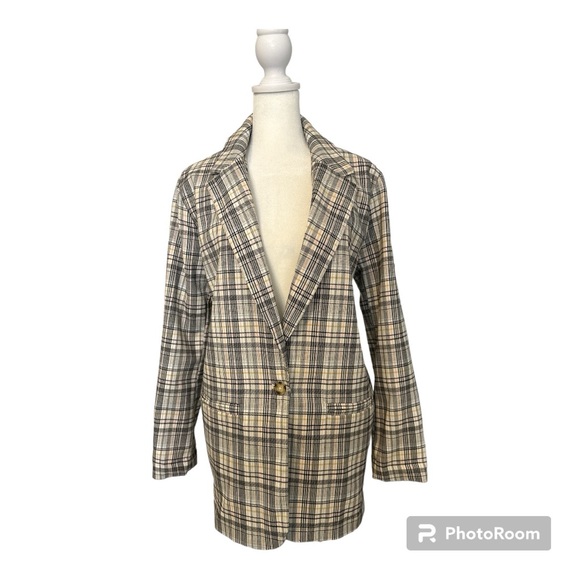Ivory Multicolor Plaid Oversized Single Button Blazer by SO - Picture 2 of 10